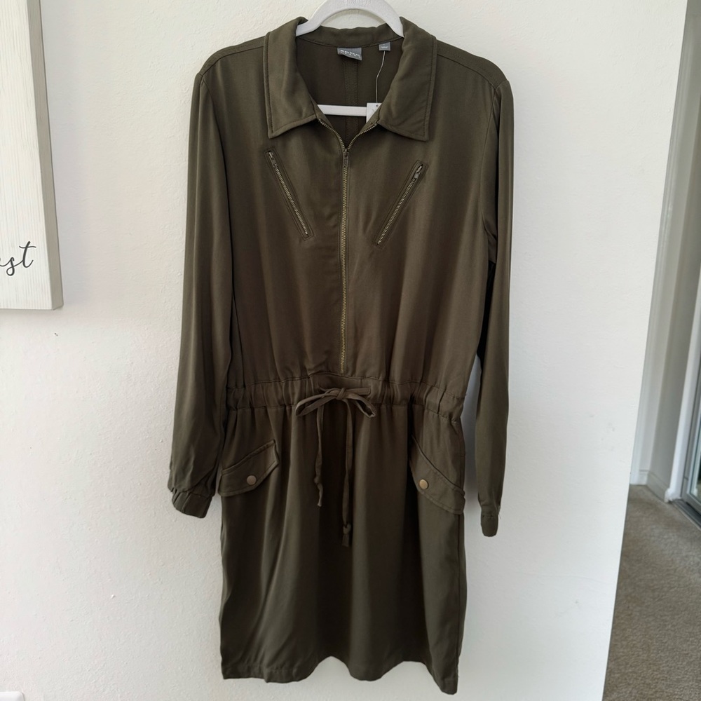 SOHO Jeans NY&Co Long Sleeve Short Dress, Drawstring, Half Zip, Green, Size L